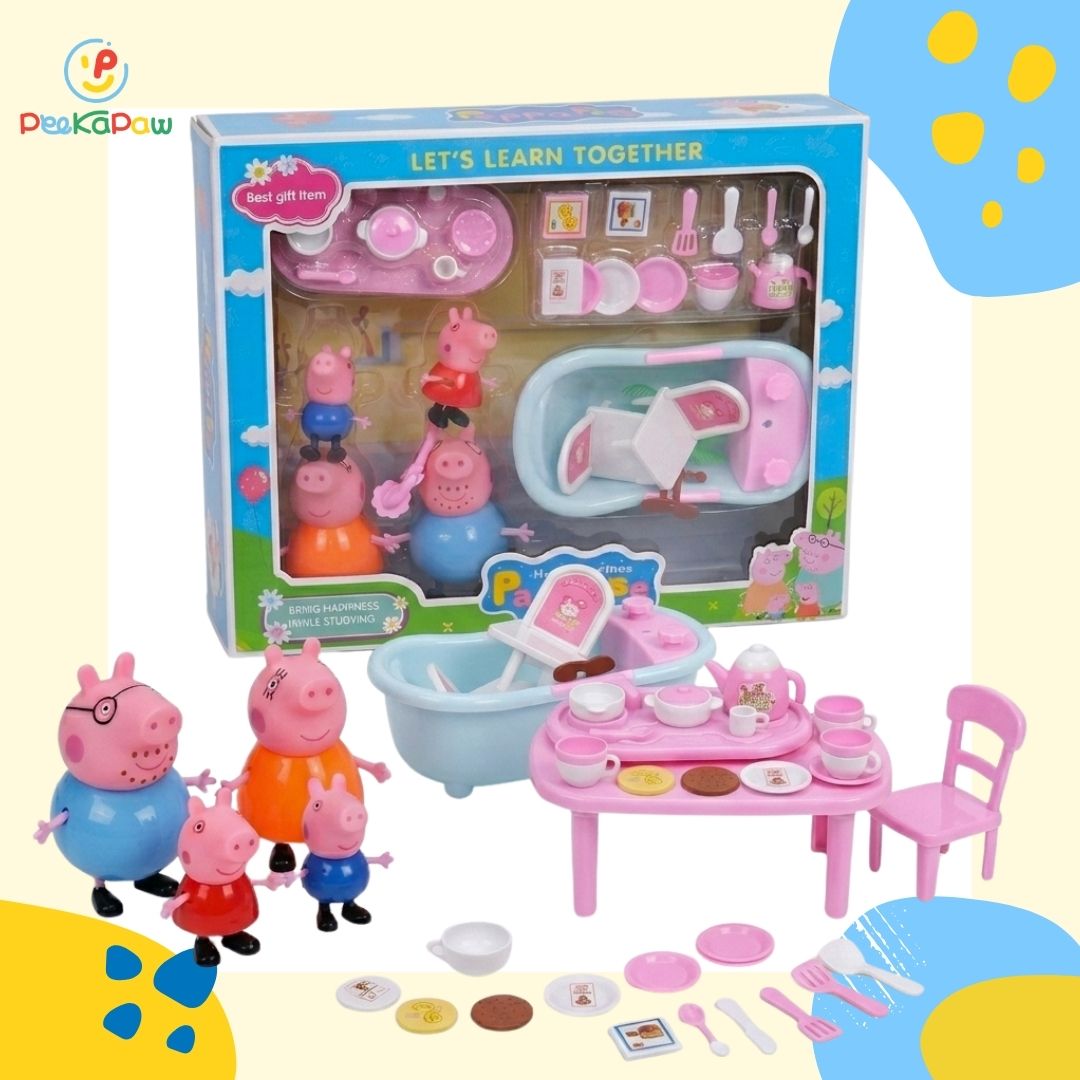 Hộp đồ chơi nhà bếp gia đình heo hồng có bồn tắm tiệc trà 7013 PeeKaPaw Toys