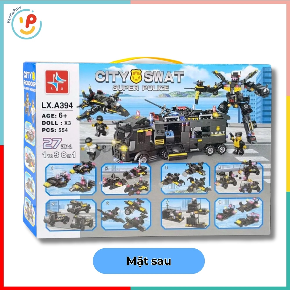 Bộ Lắp Ráp City SWAT Super Police LX.A394 554 Mảnh 8in1 Kèm 3 Nhân Vật – PeeKaPaw Toys