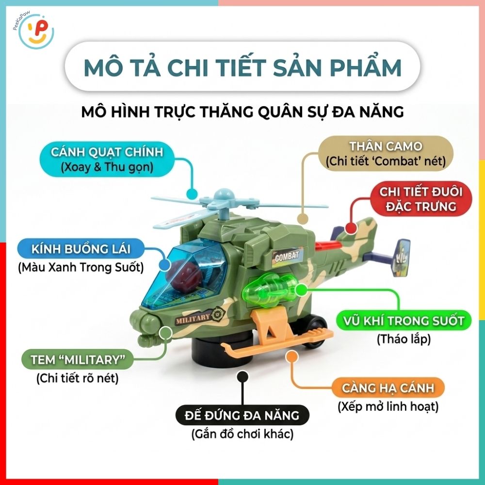 Máy Bay Trực Thăng Quân Đội 88008-1 Có Đèn Âm Thanh Cho Bé PeeKaPaw Toys