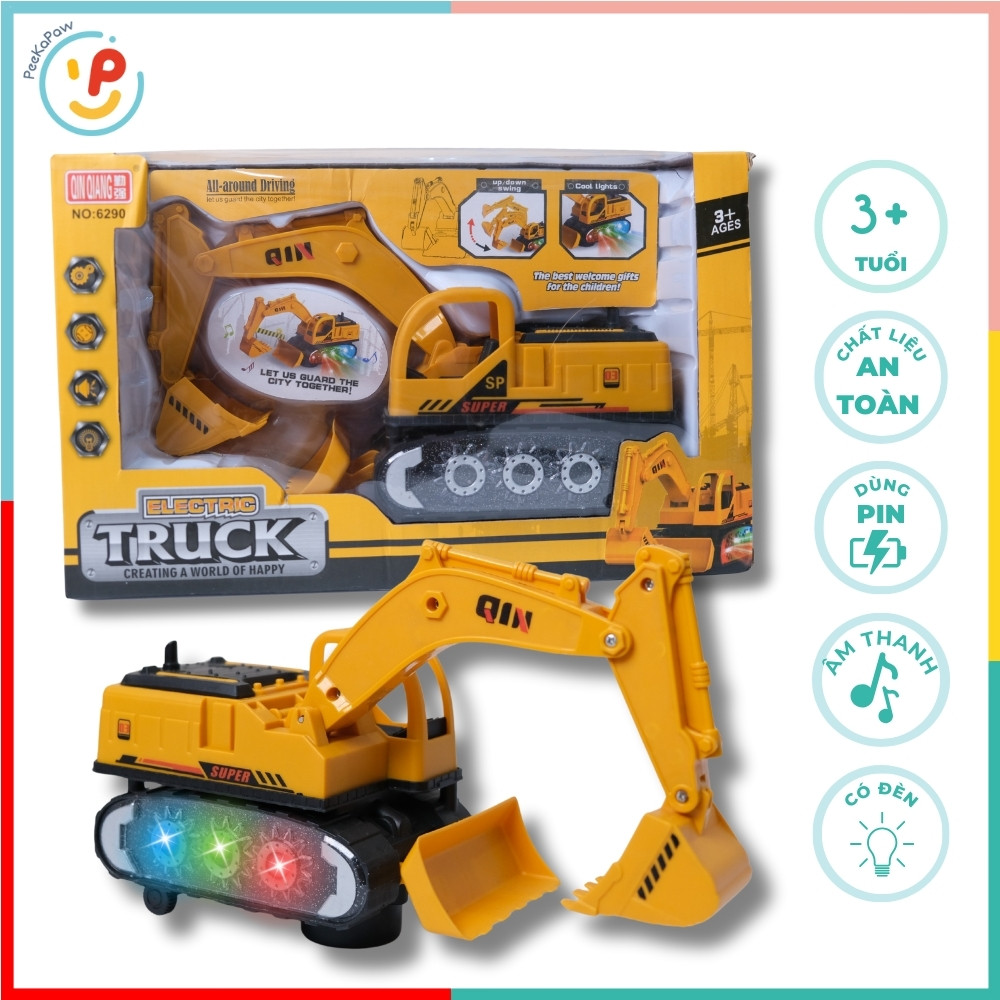 Xe Xúc Công Trình Chạy Pin 6290 Có Đèn Âm Thanh Cần Cẩu Nâng Hạ PeeKaPaw Toys