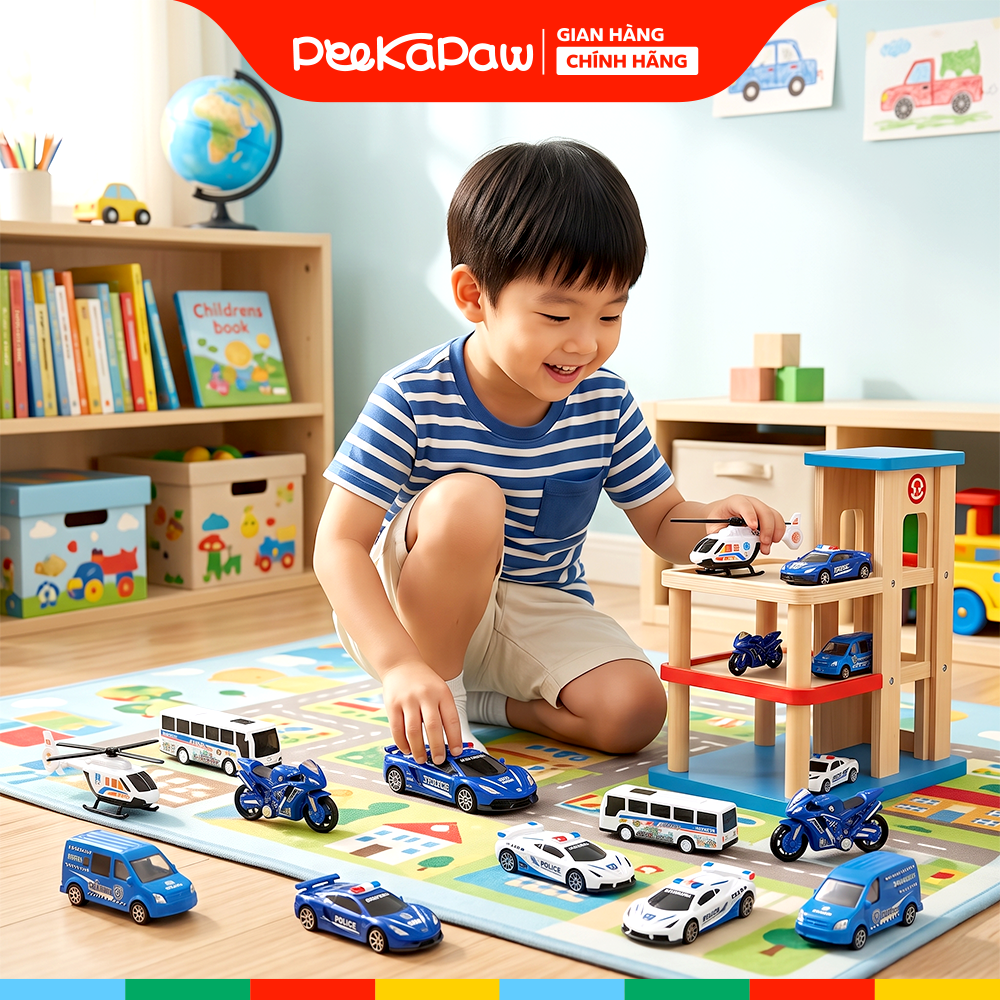 Vỉ 12 chiếc xe cảnh sát và máy bay chạy trớn BQ600-15 PeeKaPaw Toys