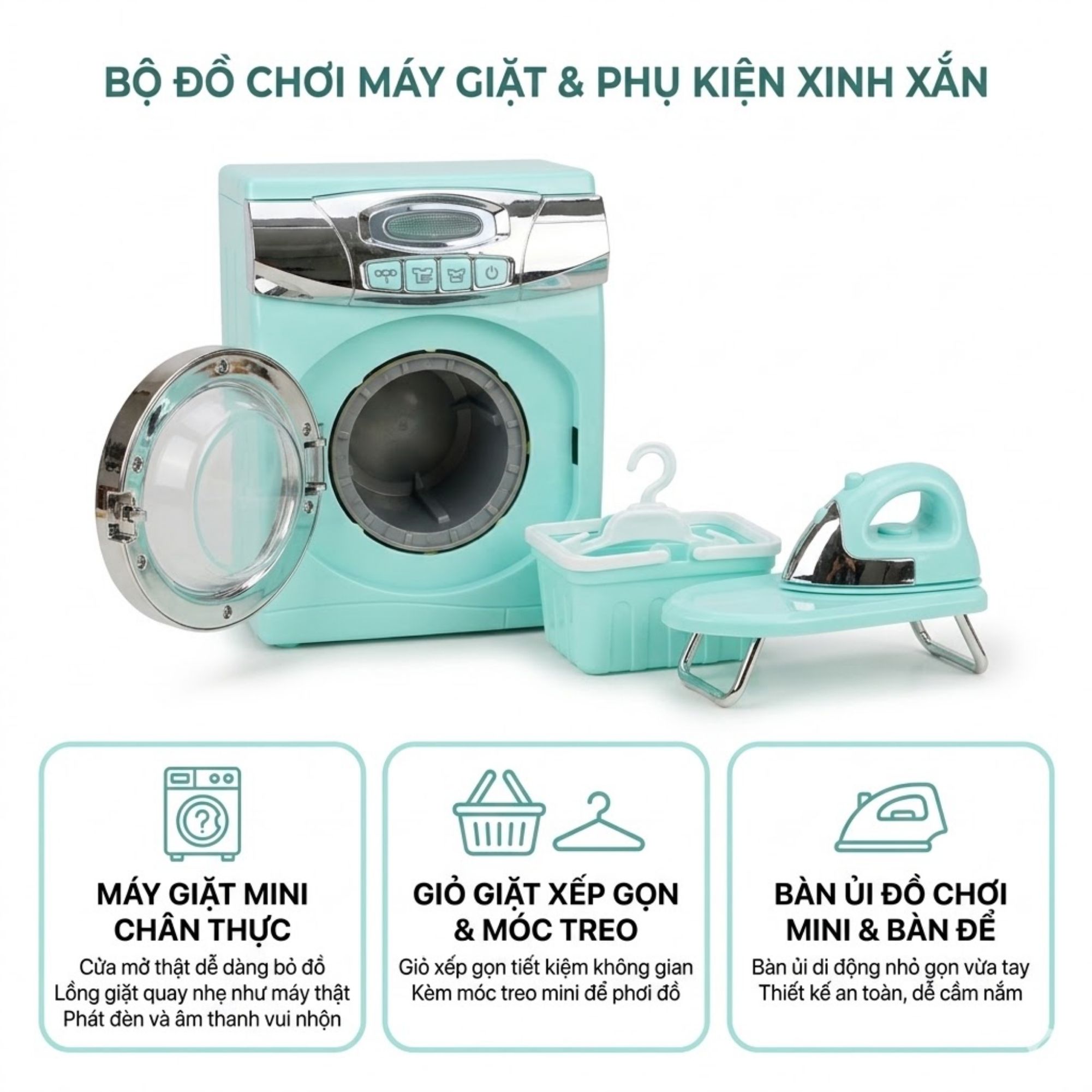Máy Giặt Đồ Chơi Cho Bé Có Đèn Âm Thanh Kèm Bàn Ủi Rổ Giặt A1001-3 PeeKaPaw Toys