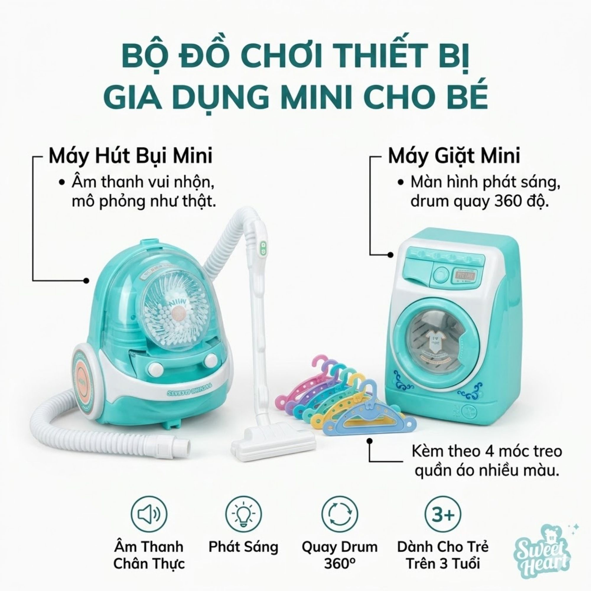 Bộ Máy Hút Bụi Máy Giặt Đồ Chơi Xoay Được Có Đèn Âm Thanh Cho Bé PeeKaPaw Toys