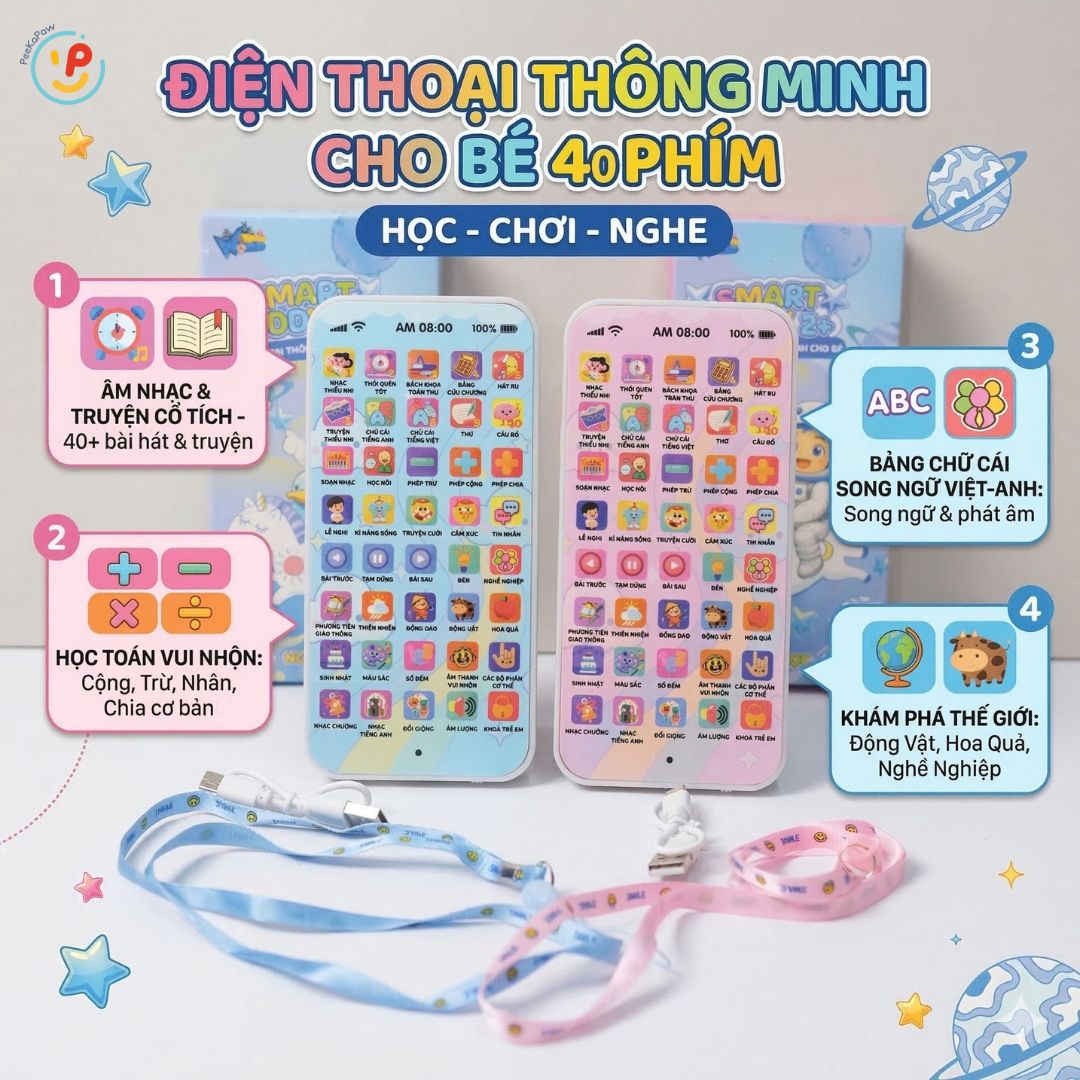 Điện thoại đồ chơi thông minh có nhạc đọc truyện học toán tiếng Việt cho bé 40 phím PeeKaPaw Toys