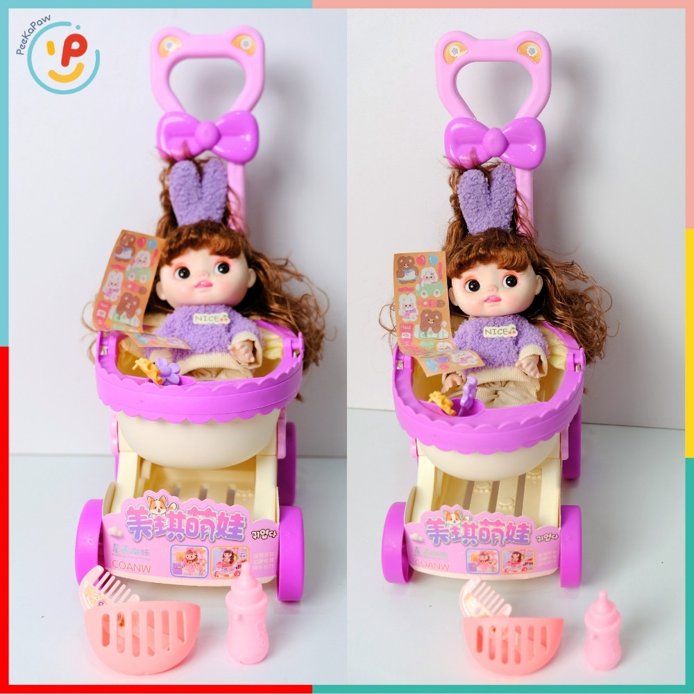 Xe đẩy búp bê kèm phụ kiện bình sữa kẹp tóc 328 PeeKaPaw Toys