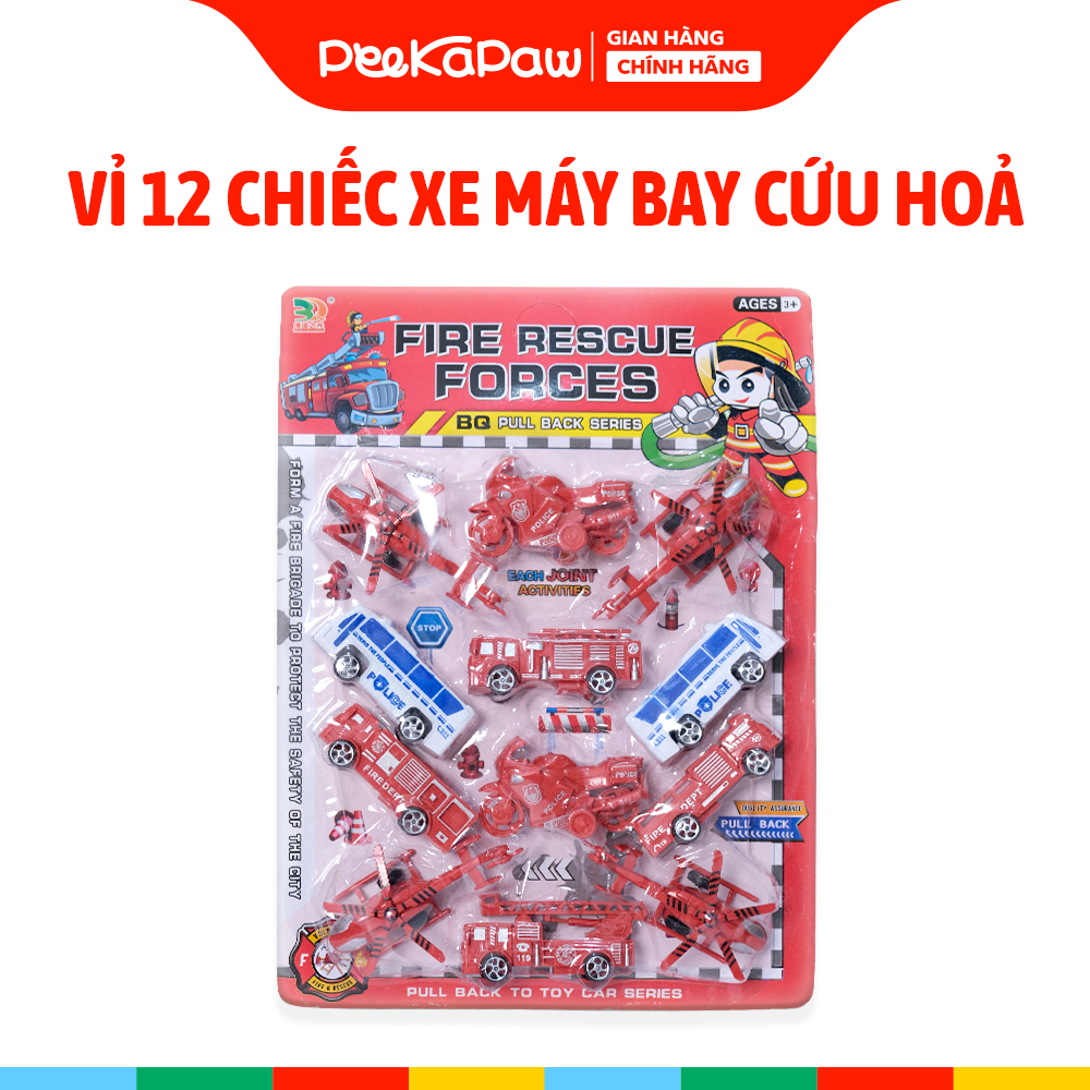 Vỉ 12 xe máy bay cứu hỏa kéo lui kèm phụ kiện giao thông BQ-100 PeeKaPaw Toys