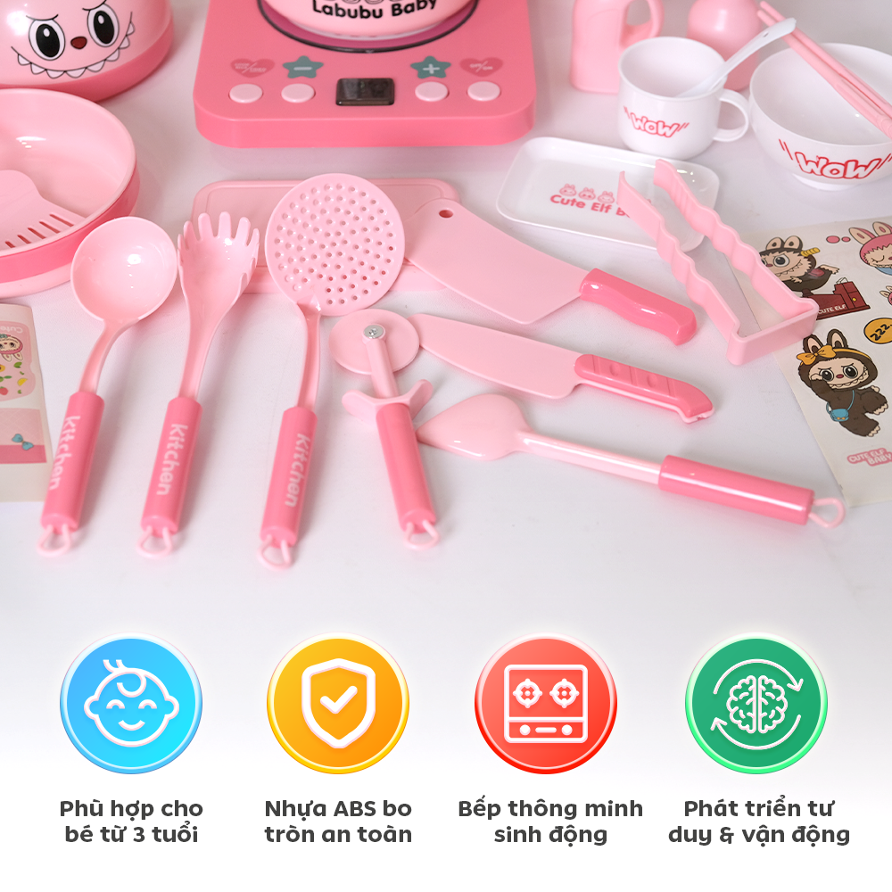 Đồ chơi nhà bếp Labubu hồng 23 món bếp có đèn âm thanh S20-16 PeeKaPaw Toys
