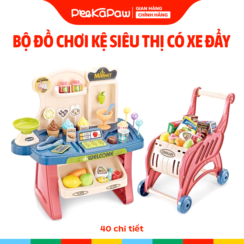 Hộp đồ chơi kệ siêu thị và xe đẩy 50cm 40 chi tiết 668-83 PeeKaPaw Toys