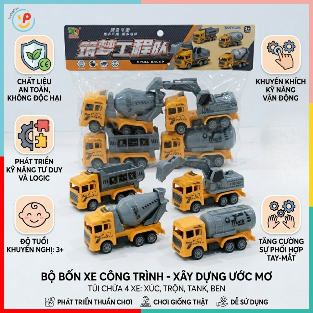 Túi 4 Xe Công Trình Chạy Đà Trớn Mini BQ600-1 PeeKaPaw Toys