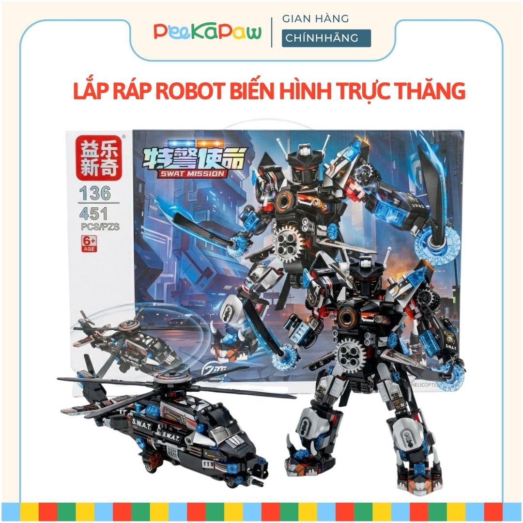 Hộp lắp ráp Robot biến hình Trực thăng SWAT 2in1 451 chi tiết 136 PeeKaPaw Toys