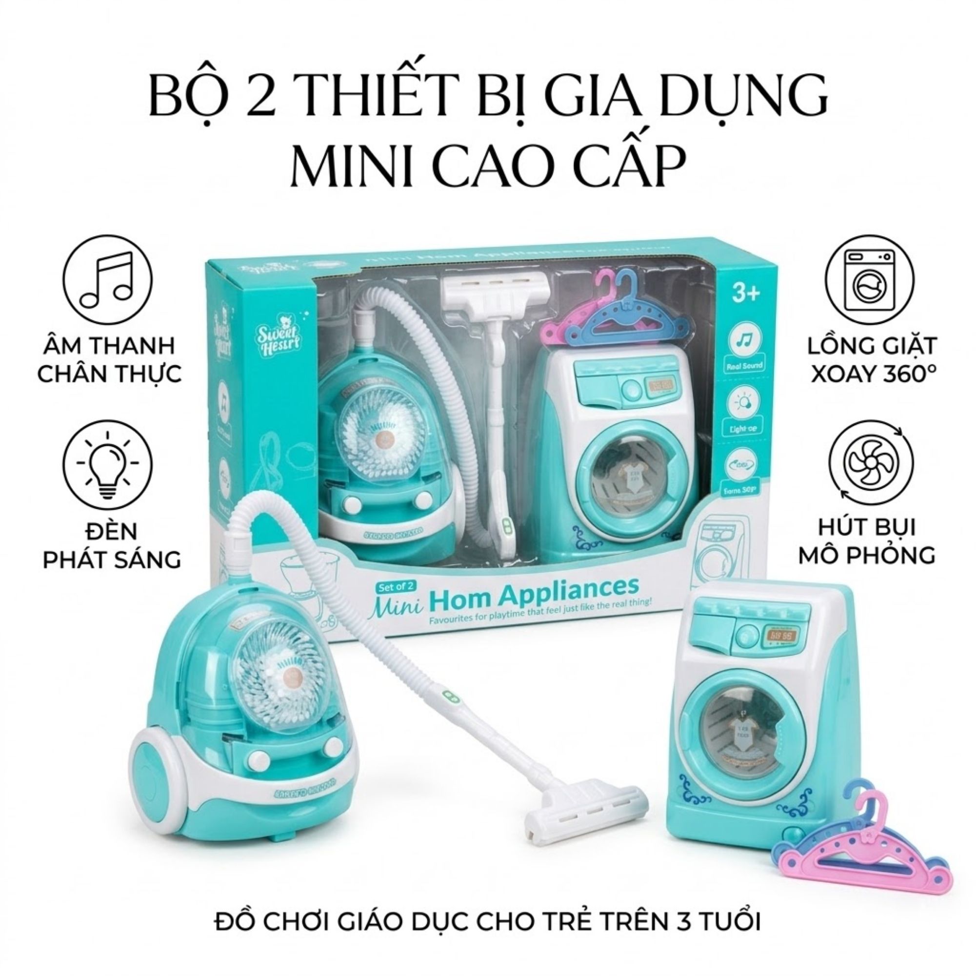 Bộ Máy Hút Bụi Máy Giặt Đồ Chơi Xoay Được Có Đèn Âm Thanh Cho Bé PeeKaPaw Toys