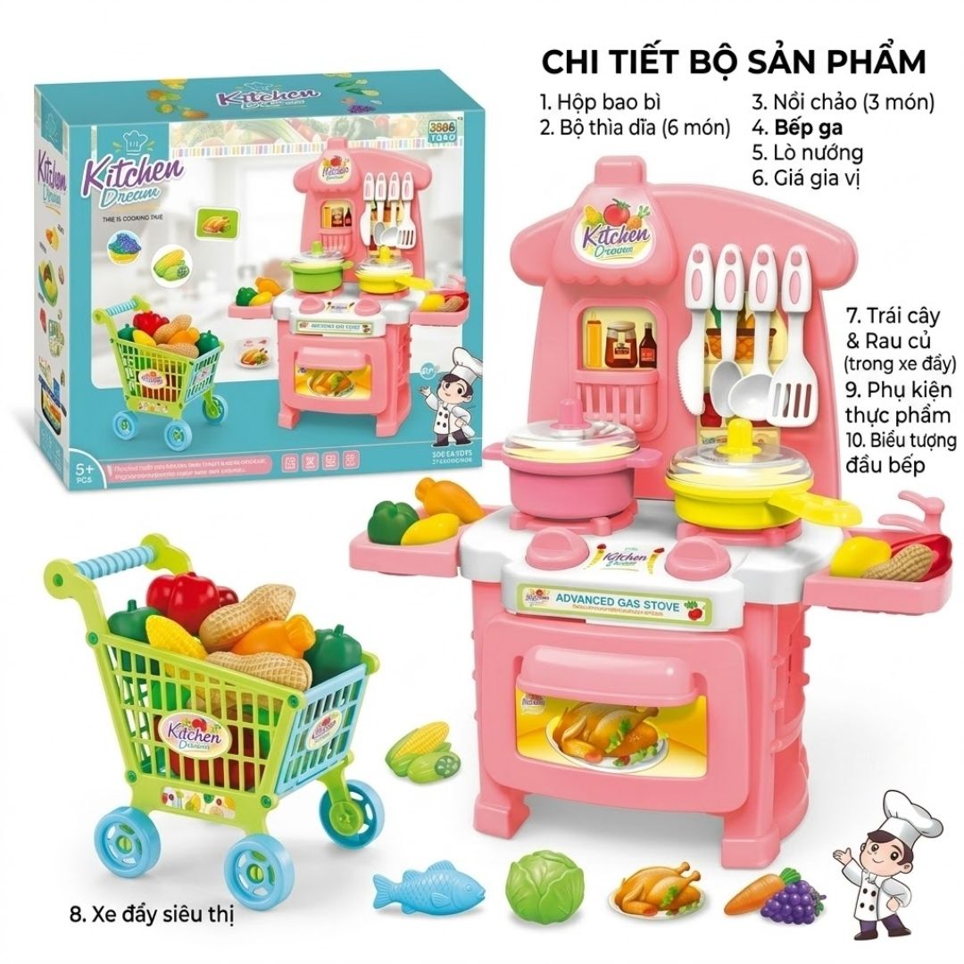 Kệ Bếp Đồ Chơi Cho Bé Kèm Lò Nướng Xe Đẩy Siêu Thị Kitchen Dream 3568 PeeKaPaw Toys