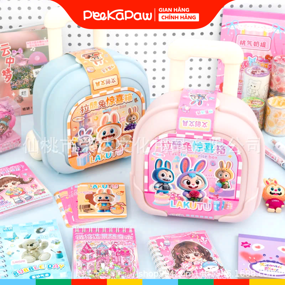 Vali đồ chơi quà tặng bất ngờ sổ bút sticker móc khoá Labubu