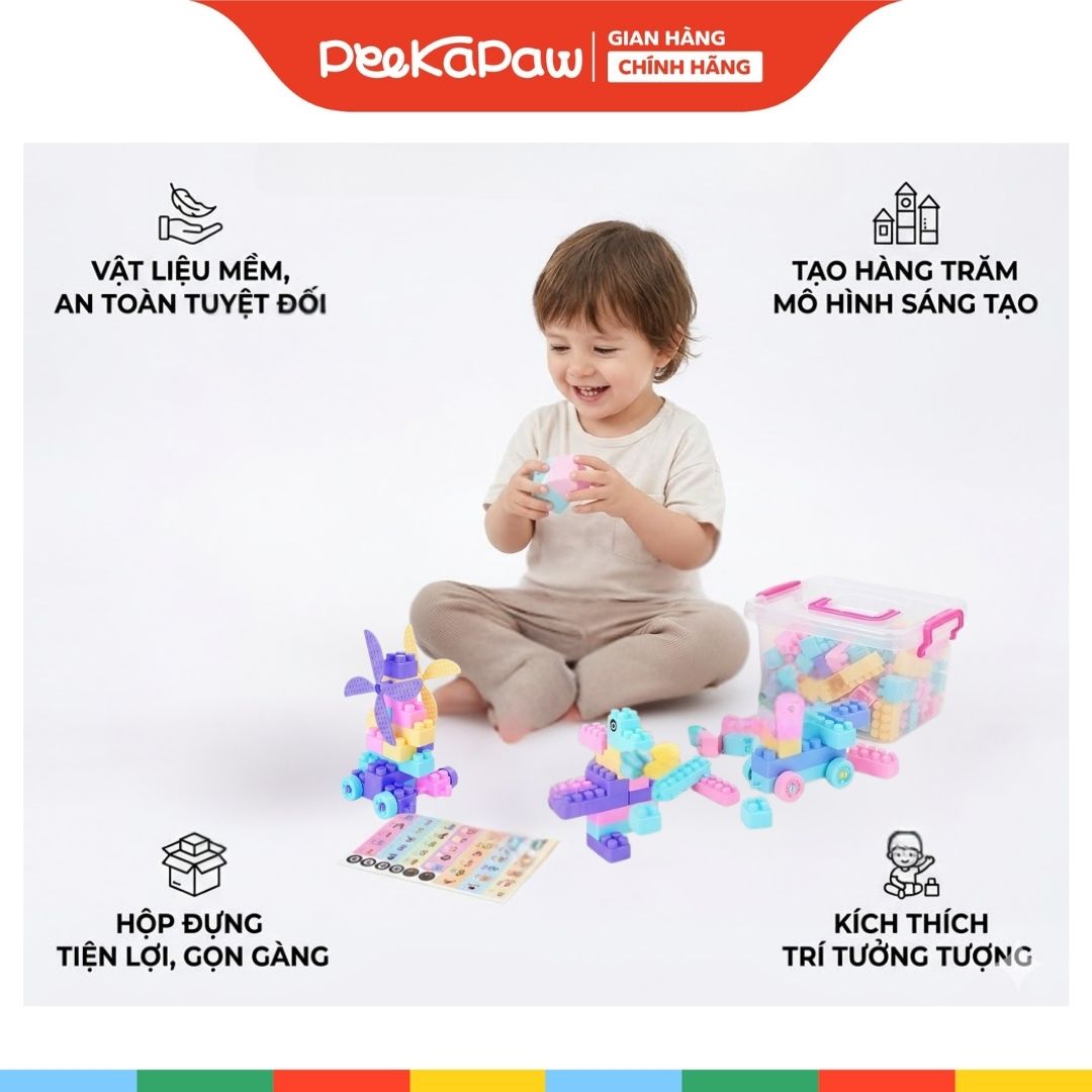 Bộ đồ chơi xếp hình khối xây dựng màu pastel 100 miếng hộp nhựa