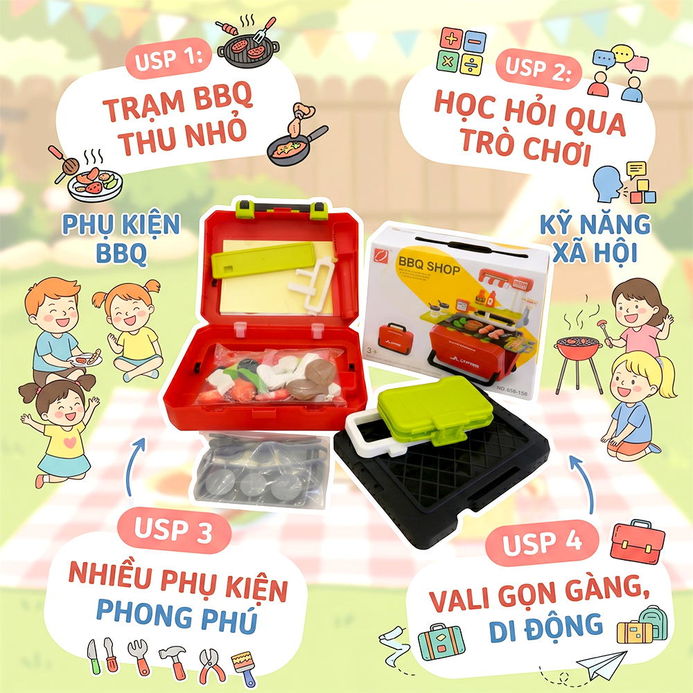 Vali đồ chơi bếp nướng BBQ cắm trại 668-158 PeeKaPaw Toys