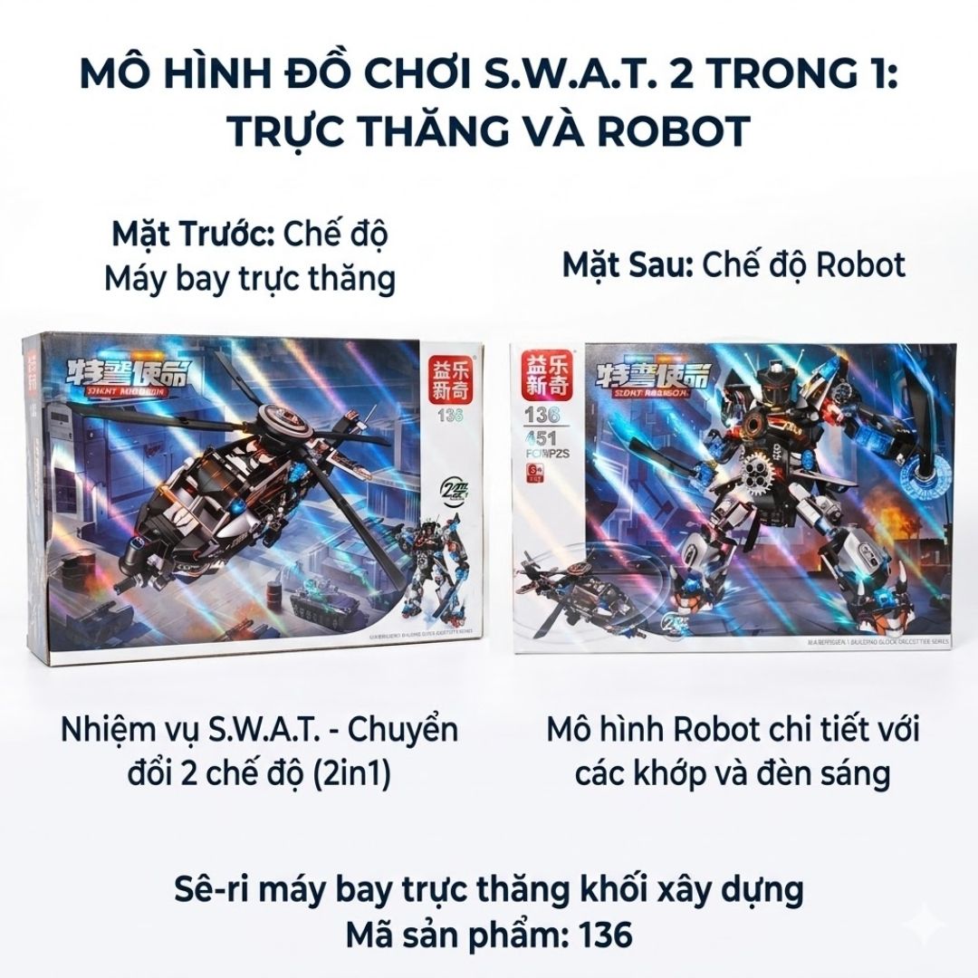 Hộp lắp ráp Robot biến hình Trực thăng SWAT 2in1 451 chi tiết 136 PeeKaPaw Toys