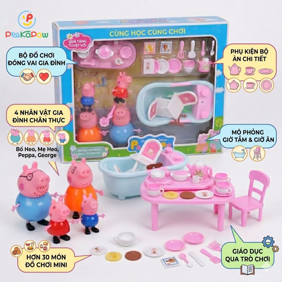 Hộp đồ chơi nhà bếp gia đình heo hồng có bồn tắm tiệc trà 7013 PeeKaPaw Toys