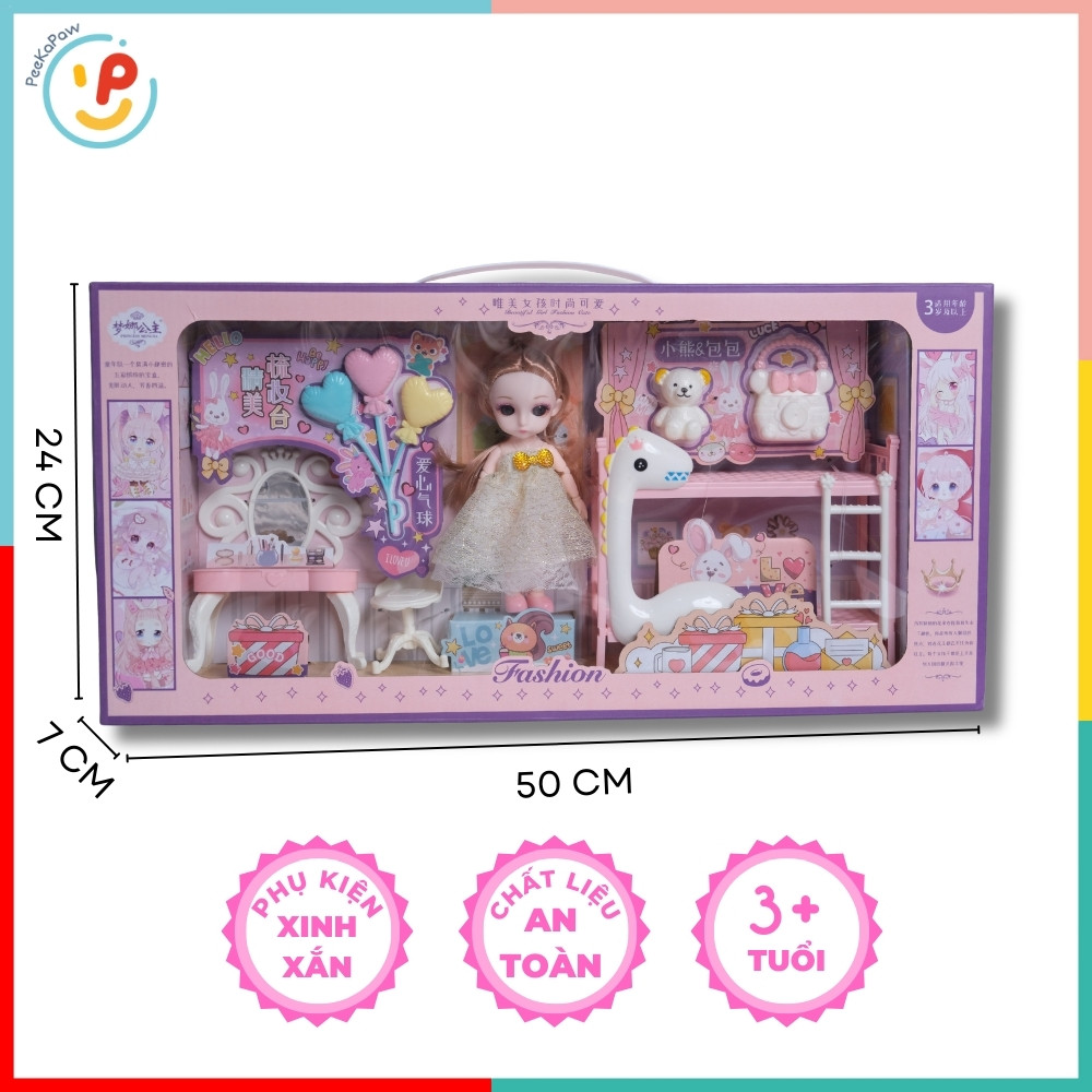 Hộp búp bê kèm phụ kiện phòng ngủ dễ thương cho bé 50cm 89026 PeeKaPaw Toys
