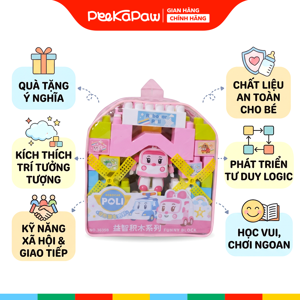 Ba lô đồ chơi lắp ráp xếp hình khối to 52 chi tiết nhân vật Robot Poli 3635 PeeKaPaw Toys