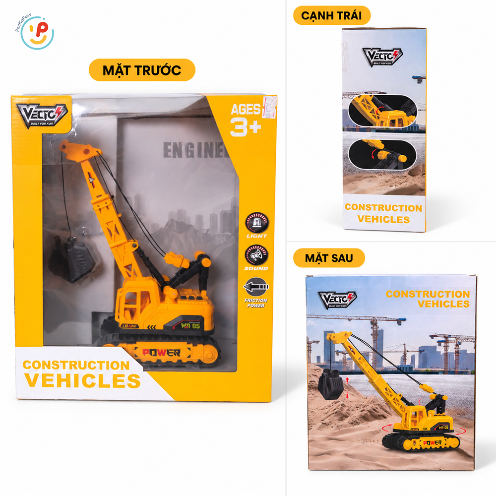 Xe cẩu đồ chơi hộp 40cm có đèn xoay 360 độ chính hãng Vector VT105 PeeKaPaw Toys