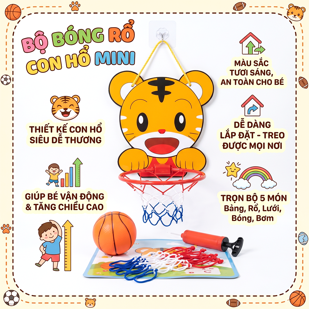 Bộ bóng rổ hổ con mini treo tường kèm bóng bơm và lưới rổ 666-6BR PeeKaPaw Toys