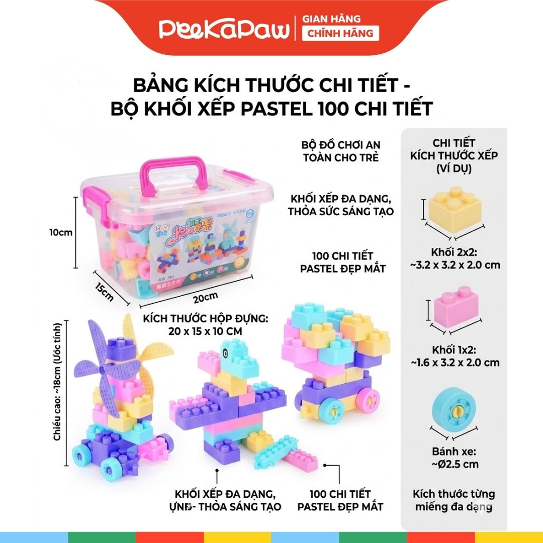 Bộ đồ chơi xếp hình khối xây dựng màu pastel 100 miếng hộp nhựa