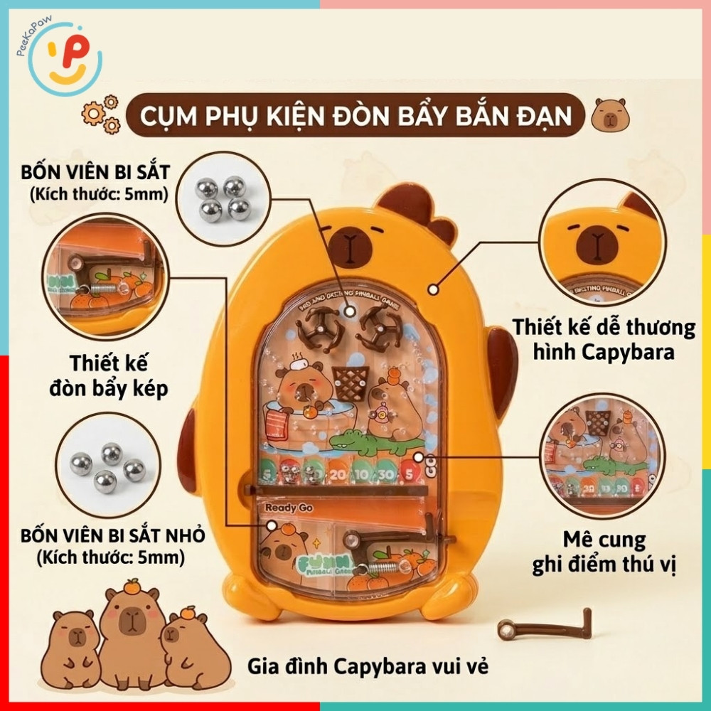 Đồ chơi tuổi thơ bắn bi sắt mê cung Pinball hình Capybara 6612A PeeKaPaw Toys