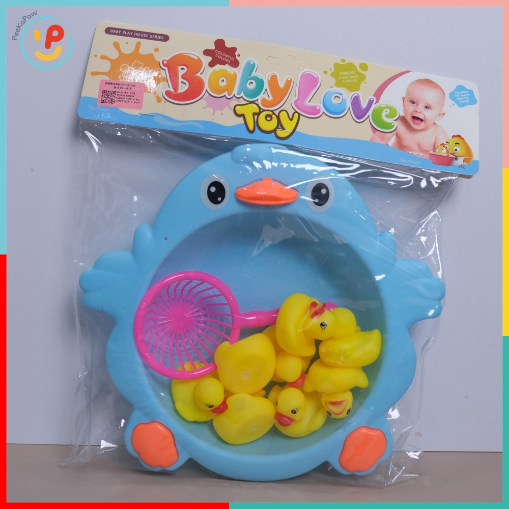 Thau 8 chú vịt con chút chít kèm vợt 916-47 đồ chơi nhà tắm PeeKaPaw Toys