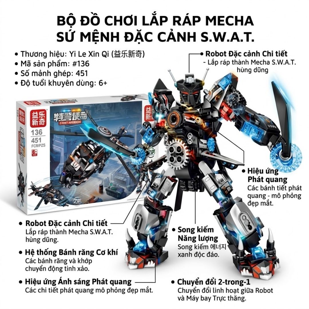 Hộp lắp ráp Robot biến hình Trực thăng SWAT 2in1 451 chi tiết 136 PeeKaPaw Toys