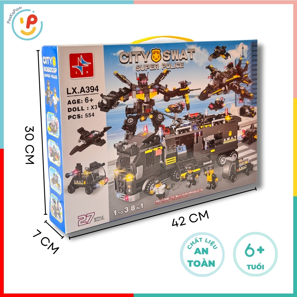 Bộ Lắp Ráp City SWAT Super Police LX.A394 554 Mảnh 8in1 Kèm 3 Nhân Vật – PeeKaPaw Toys