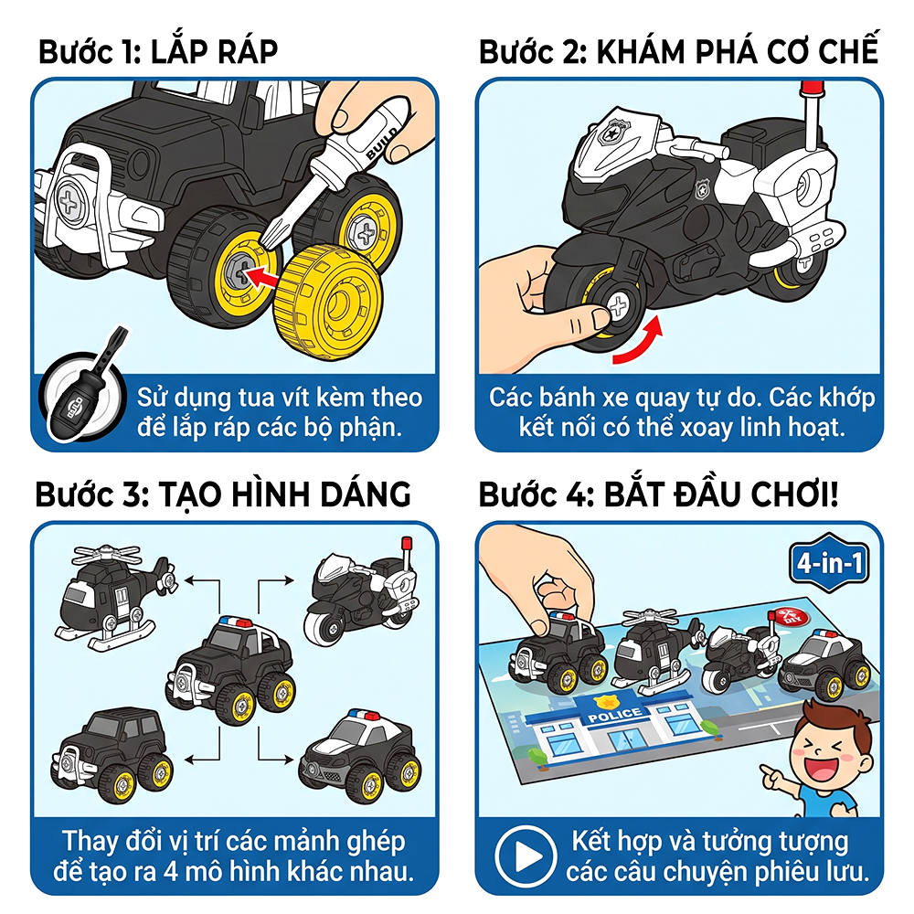 Túi 4 xe cảnh sát chạy đà trớn vặn ốc vít LY076 PeeKaPaw Toys