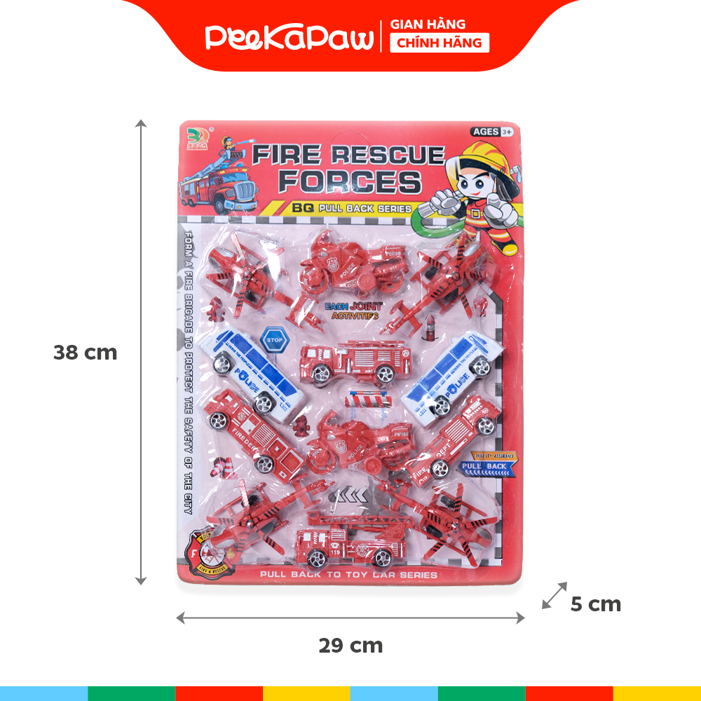 Vỉ 12 xe máy bay cứu hỏa kéo lui kèm phụ kiện giao thông BQ-100 PeeKaPaw Toys