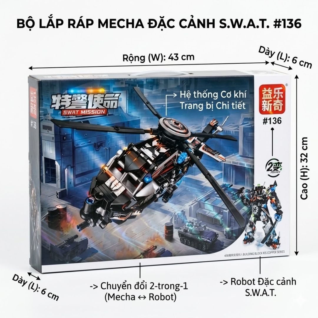 Hộp lắp ráp Robot biến hình Trực thăng SWAT 2in1 451 chi tiết 136 PeeKaPaw Toys