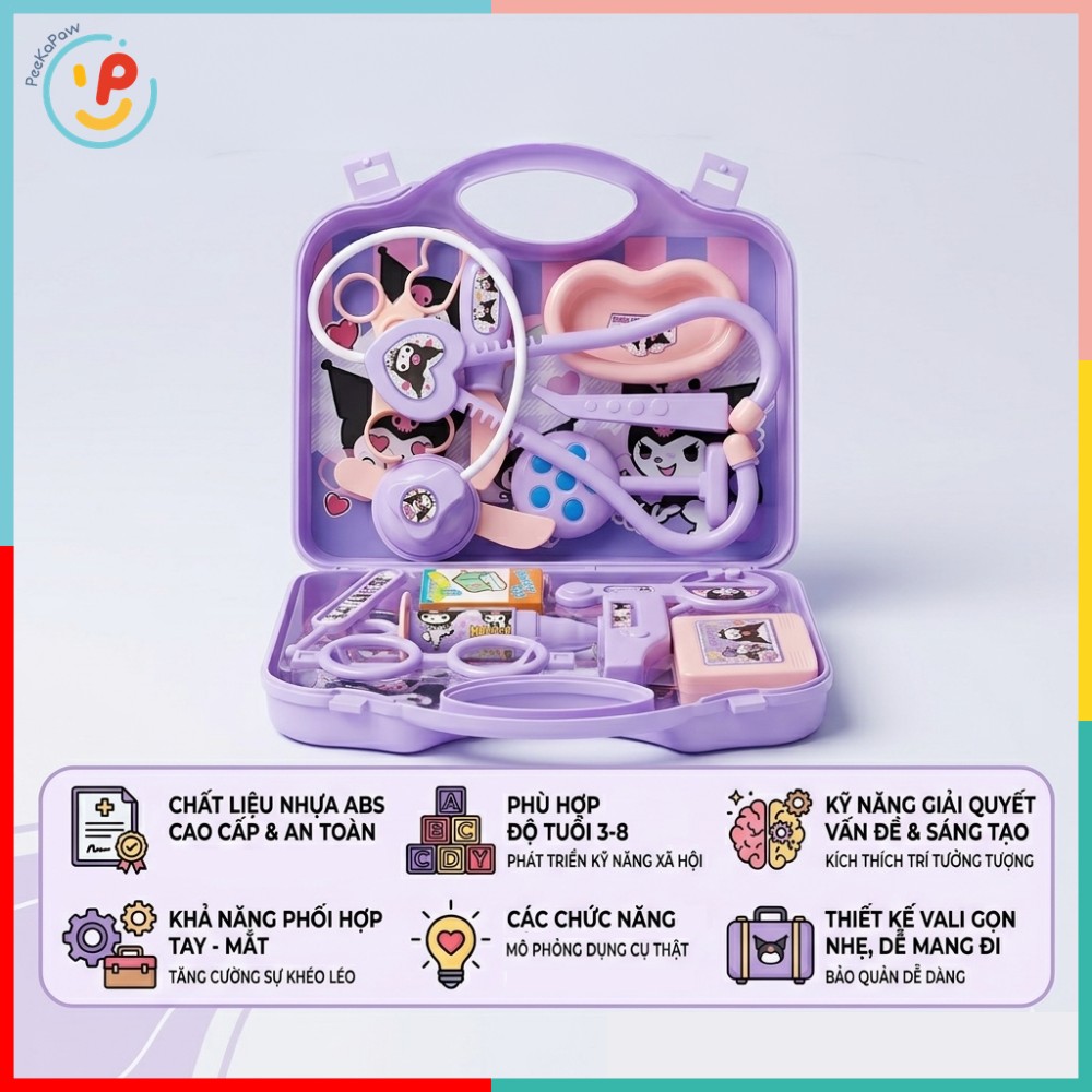 Vỉ đồ chơi nhập vai bác sĩ dụng cụ khám bệnh Kuromi 3433-18 PeeKaPaw Toys