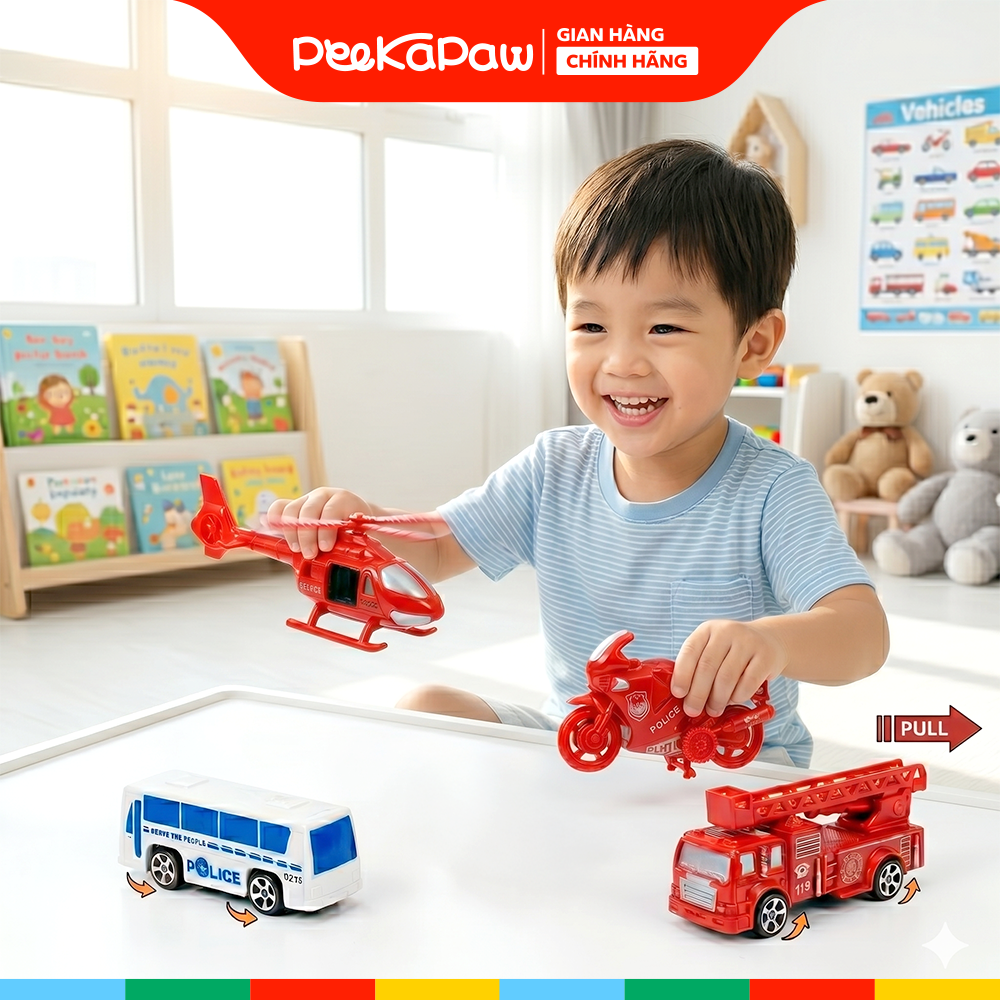 Vỉ 12 xe máy bay cứu hỏa kéo lui kèm phụ kiện giao thông BQ-100 PeeKaPaw Toys