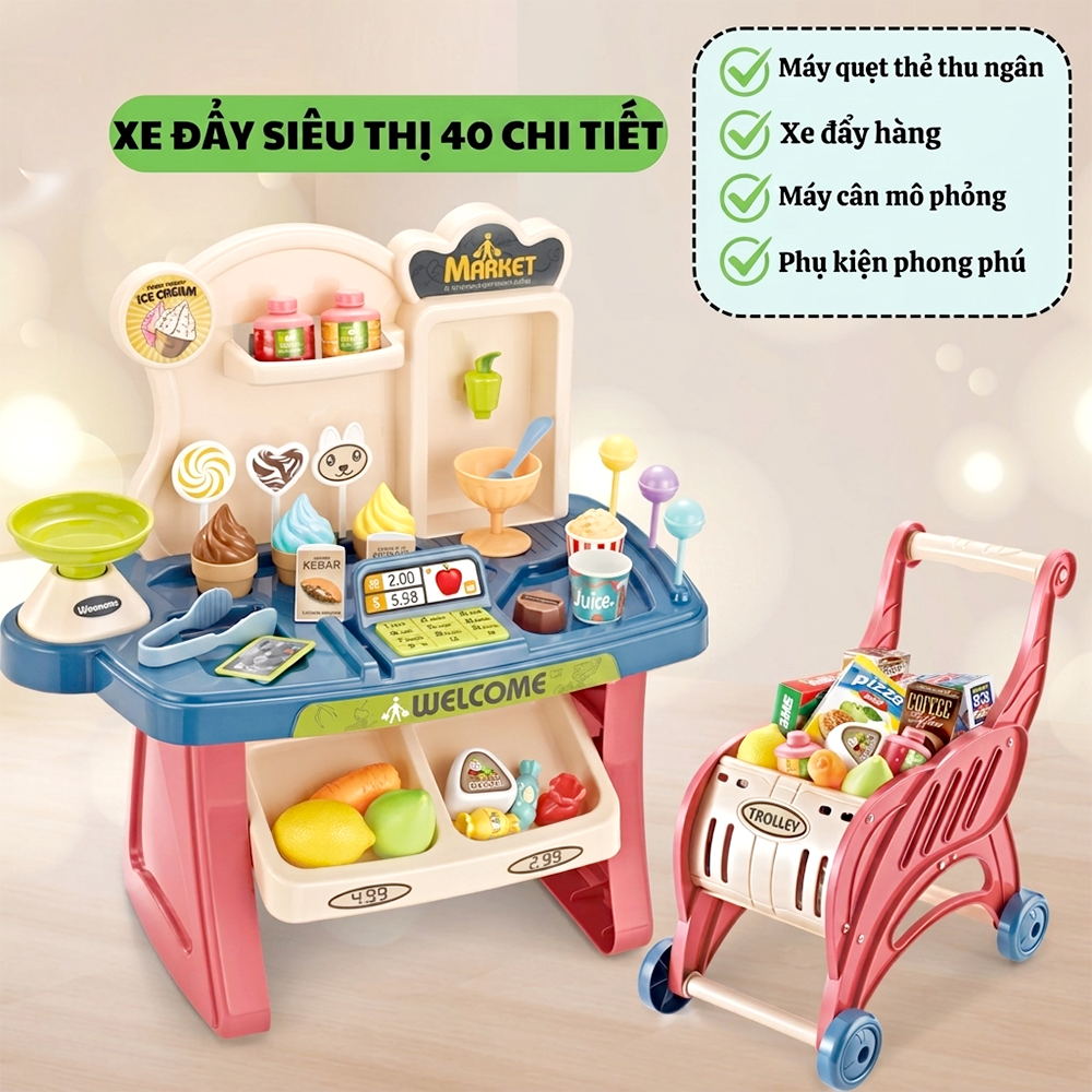 Hộp đồ chơi kệ siêu thị và xe đẩy 50cm 40 chi tiết 668-83 PeeKaPaw Toys