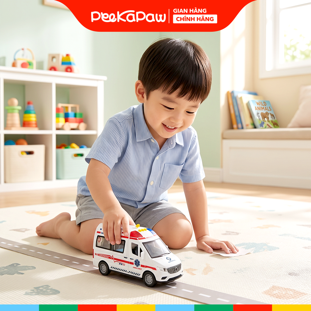 Xe cứu thương kèm đường ray ô tô mở cửa thân xe 708-7 PeeKaPaw Toys