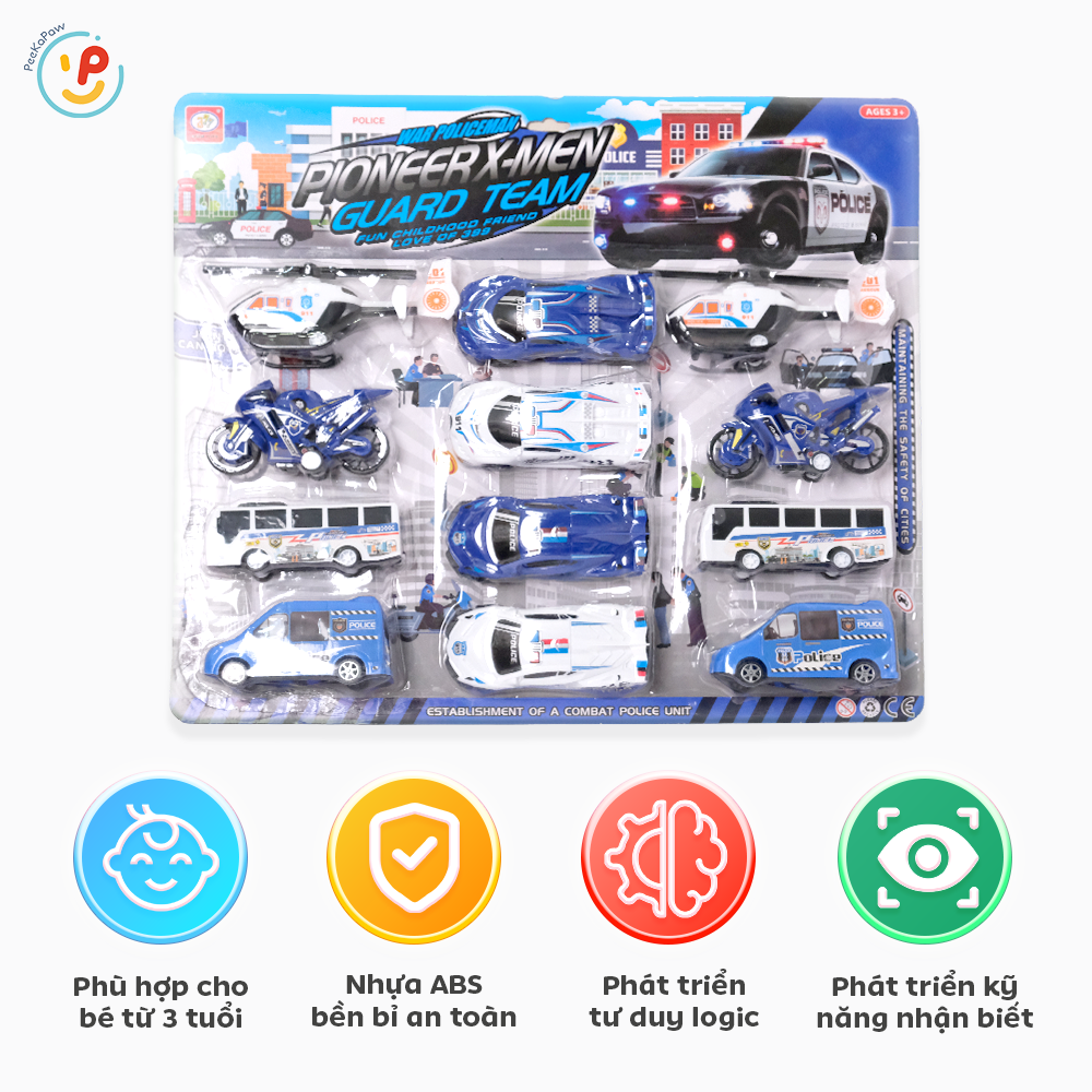 Vỉ 12 chiếc xe cảnh sát và máy bay chạy trớn BQ600-15 PeeKaPaw Toys