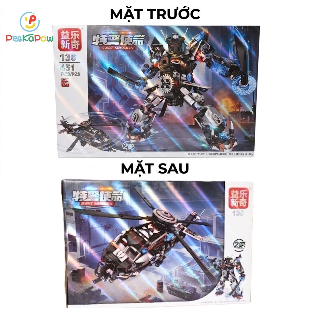 Hộp lắp ráp Robot biến hình Trực thăng SWAT 2in1 451 chi tiết 136 PeeKaPaw Toys