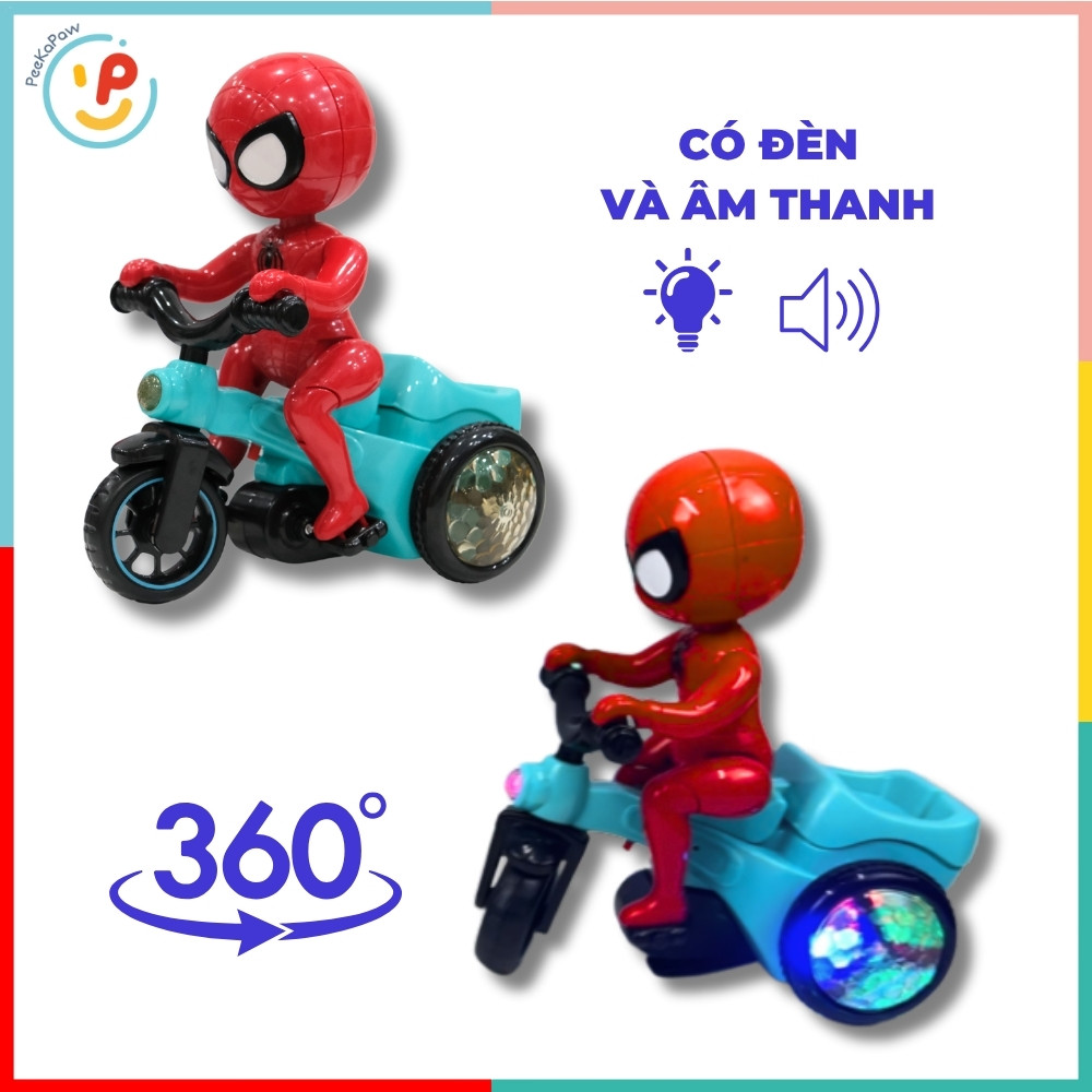 Đồ chơi Spiderman Người Nhện Đạp Xe Có Đèn Nhạc Xoay 360° PeeKaPaw Toys
