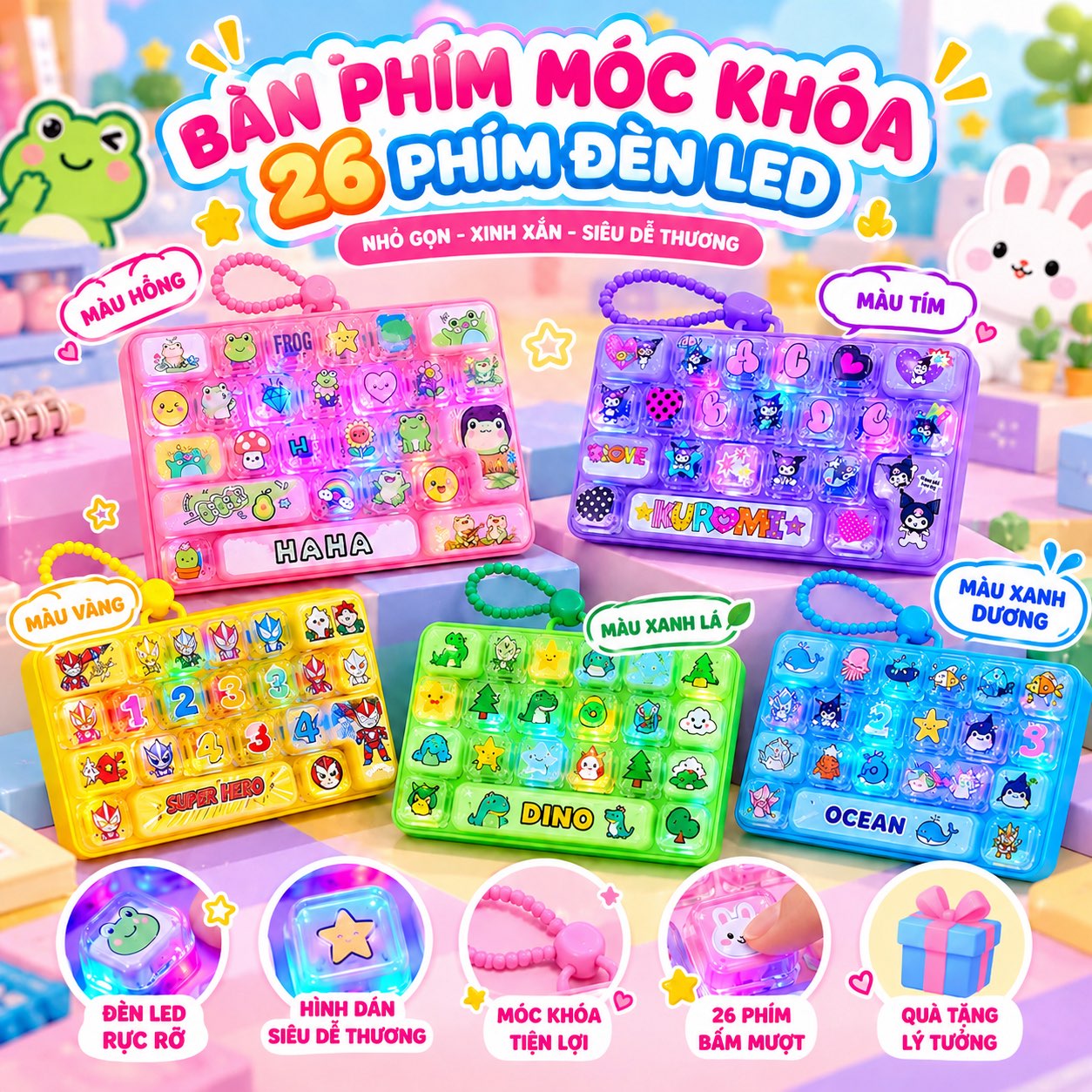 Đồ chơi bàn phím móc khoá 26 phím có đèn LED 10cm PeeKaPaw Toys