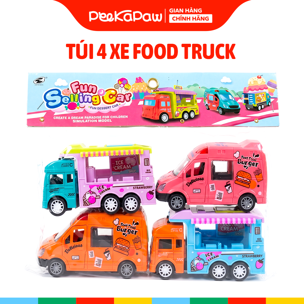 Túi 4 xe bán hàng food truck chạy trớn màu ngọt ngào 12cm 567-054 PeeKaPaw Toys