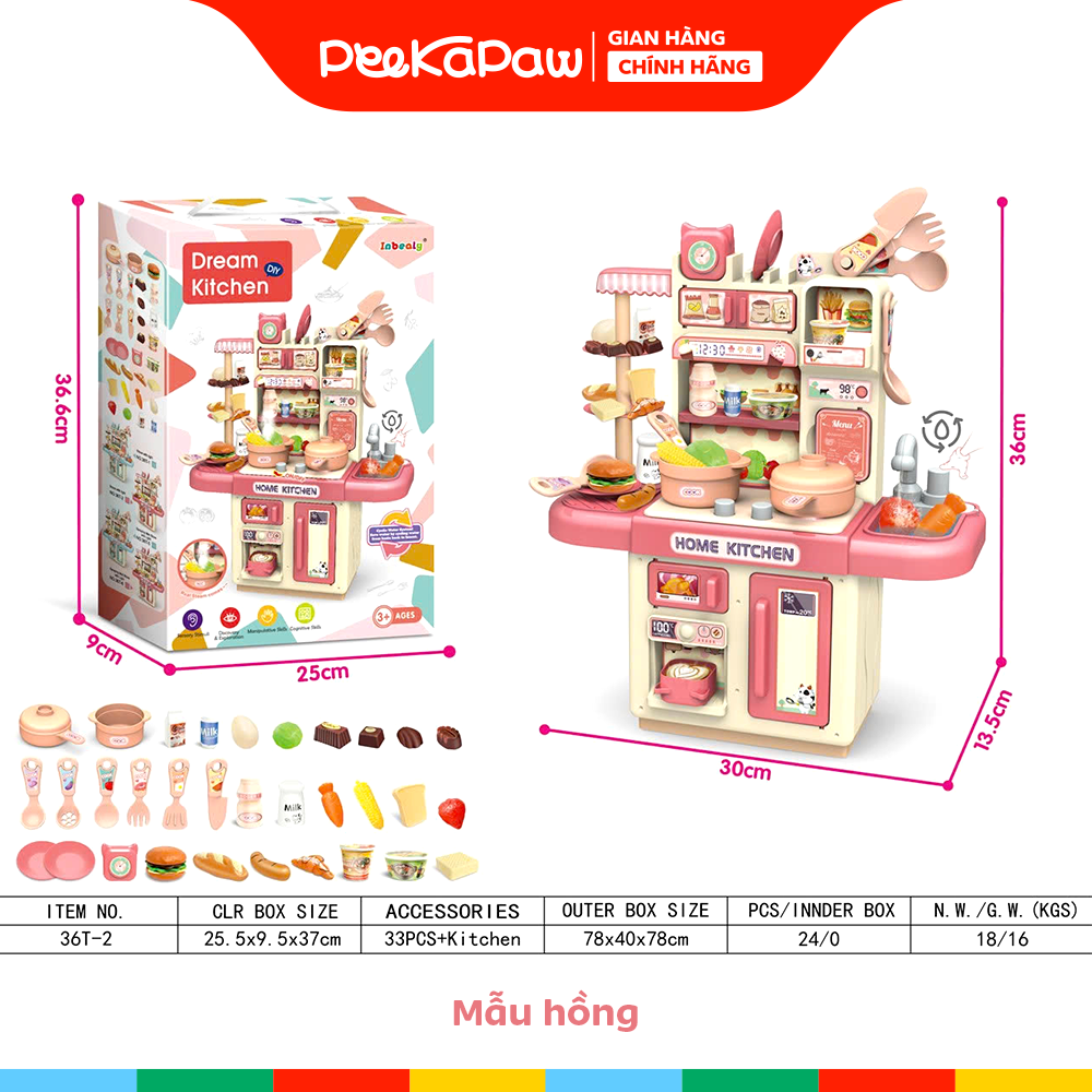 Đồ chơi nhà bếp kệ bếp dùng pin có khói bồn rửa thực phẩm cao 36cm PeeKaPaw Toys