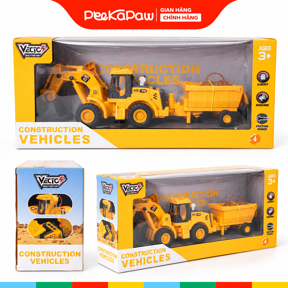 Xe xúc chở gỗ đồ chơi dài 40cm có đèn xoay 360 độ chính hãng Vector VT103 PeeKaPaw Toys