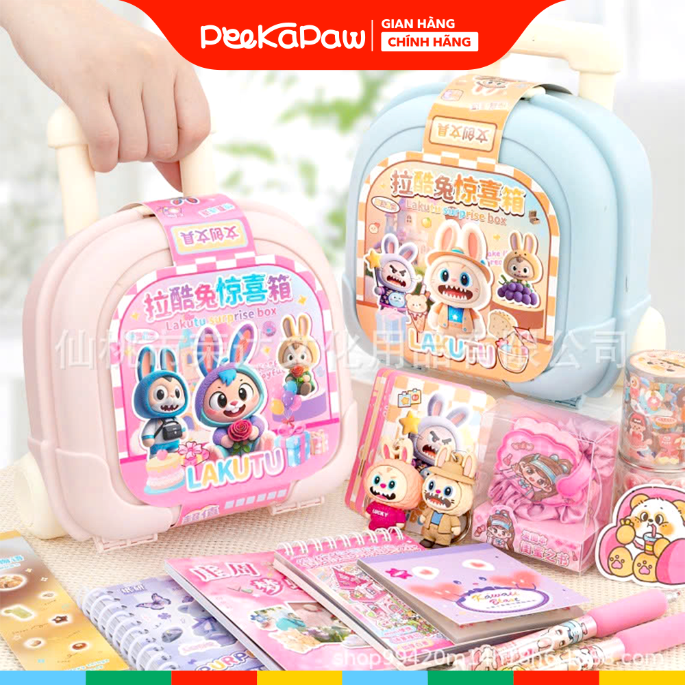 Vali đồ chơi quà tặng bất ngờ sổ bút sticker móc khoá Labubu