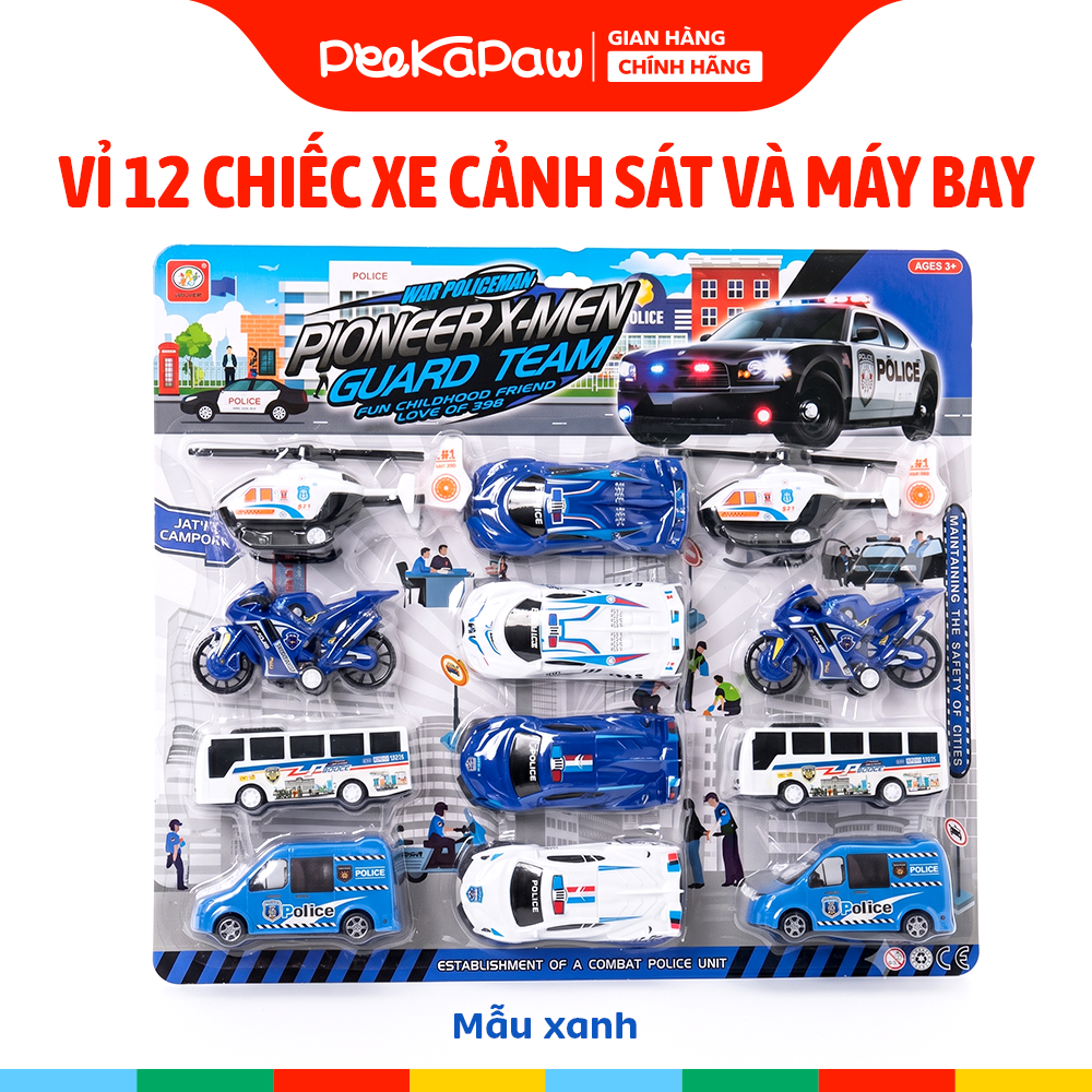 Vỉ 12 chiếc xe cảnh sát và máy bay chạy trớn BQ600-15 PeeKaPaw Toys