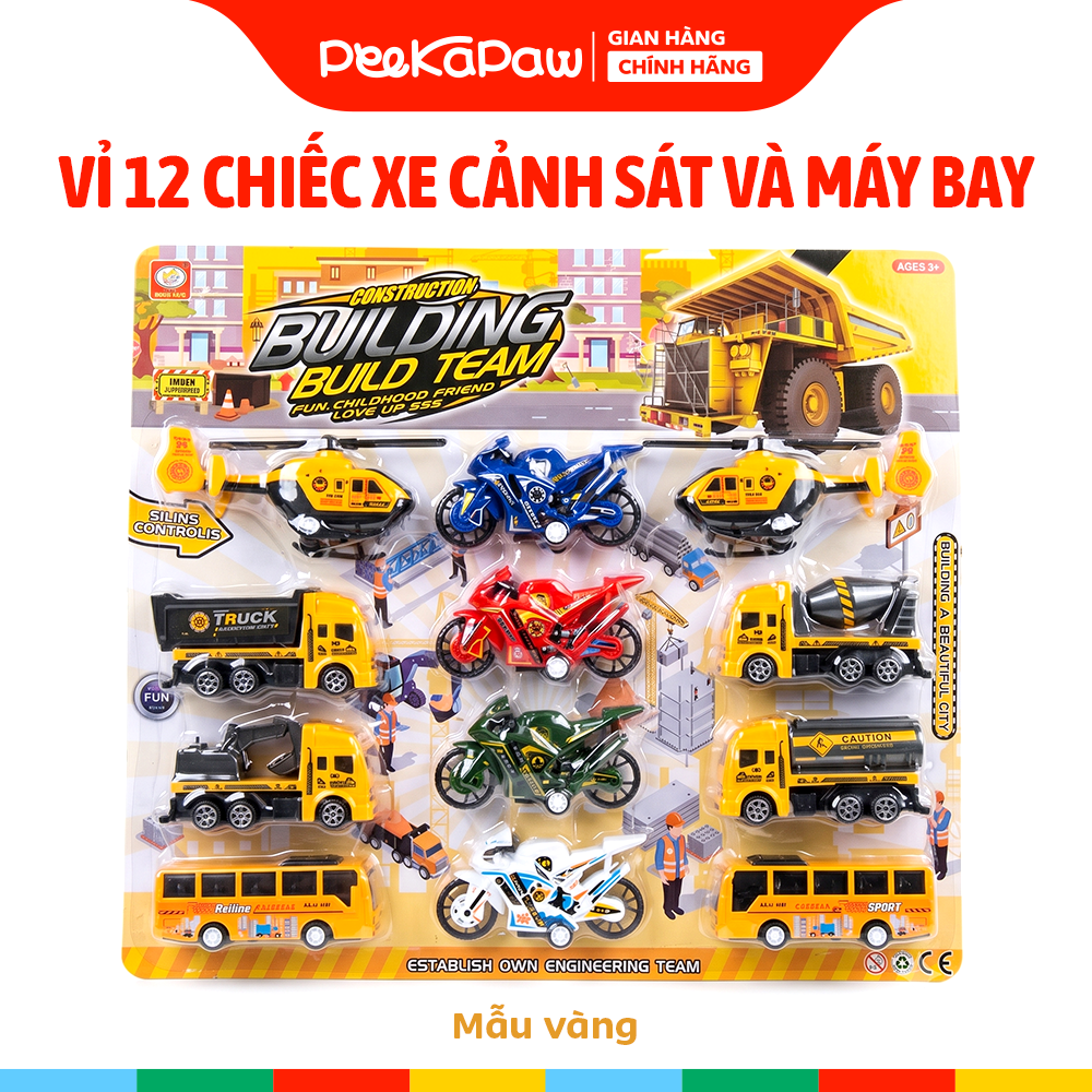 Vỉ 12 chiếc xe cảnh sát và máy bay chạy trớn BQ600-15 PeeKaPaw Toys