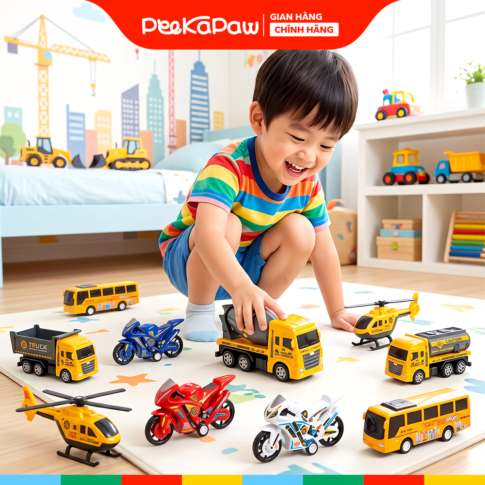 Vỉ 12 chiếc xe cảnh sát và máy bay chạy trớn BQ600-15 PeeKaPaw Toys