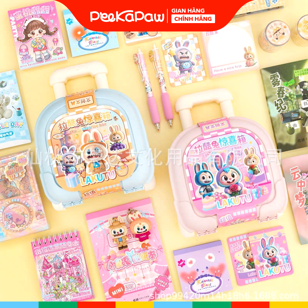 Vali đồ chơi quà tặng bất ngờ sổ bút sticker móc khoá Labubu