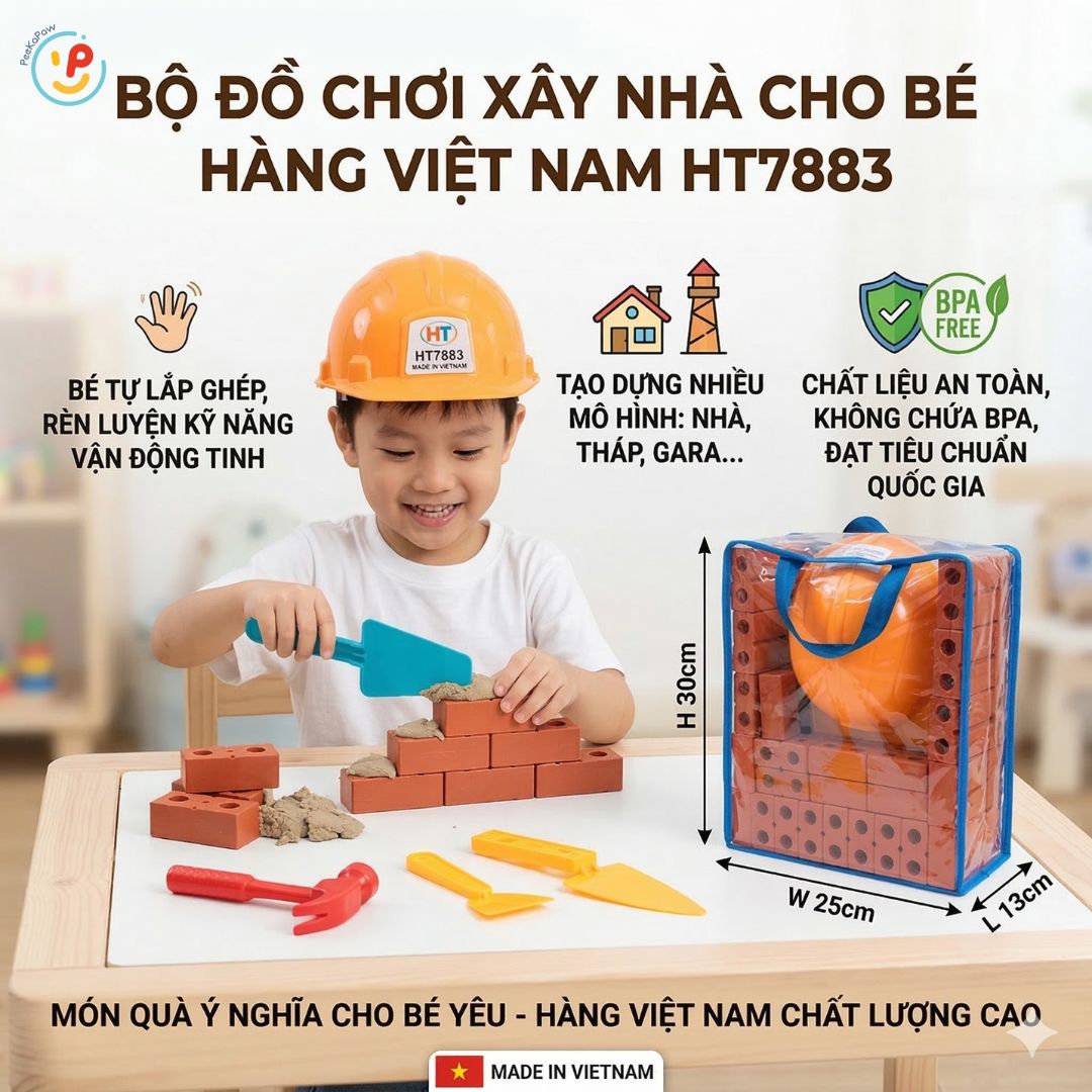 Đồ Chơi Kỹ Sư Xây Dựng HT7883 Kèm Mũ Và Dụng Cụ Túi Gạch PeeKaPaw Toys